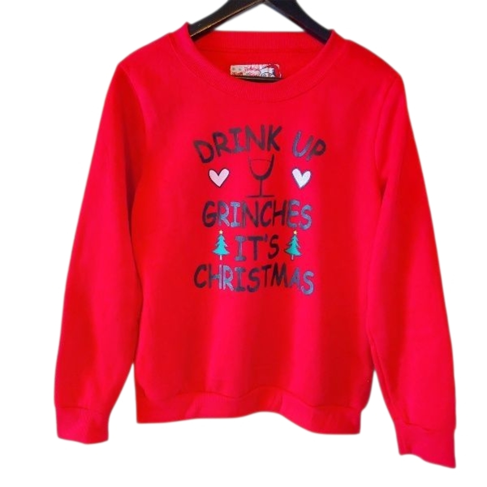 Women's Drink Up Grinches It's Christmas Red Christmas Crew Neck Sweater - M